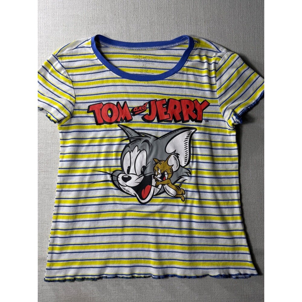 Tom and Jerry Girls Striped Graphic T Shirt Blue Yellow XL 14/16 Cartoon Retro